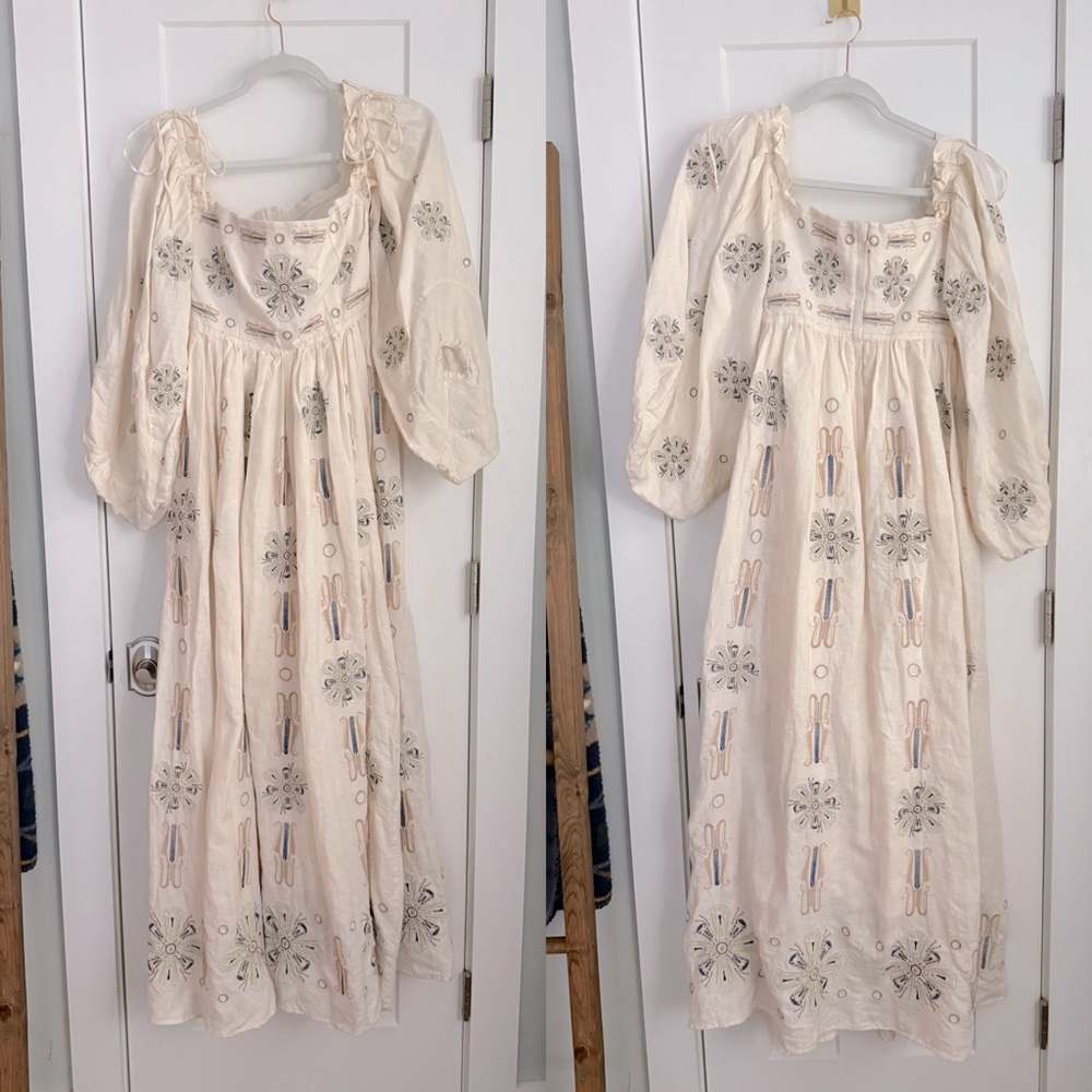 Agua by Agua Bendita Alheli Chivas Embroidered Linen Puff Sleeve Maxi Dress - Picture 3 of 11